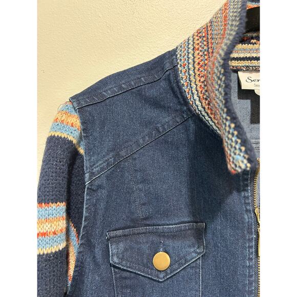 Serengeti jean jacket womens size S knit sleeves and collar zipper boho - Picture 2 of 7